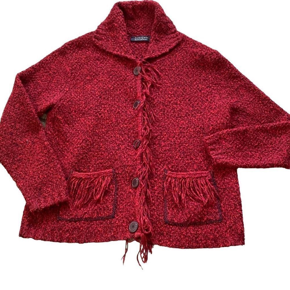 Peter Carol Chunky Knit Fringe Cozy Warm Red Sweater Large